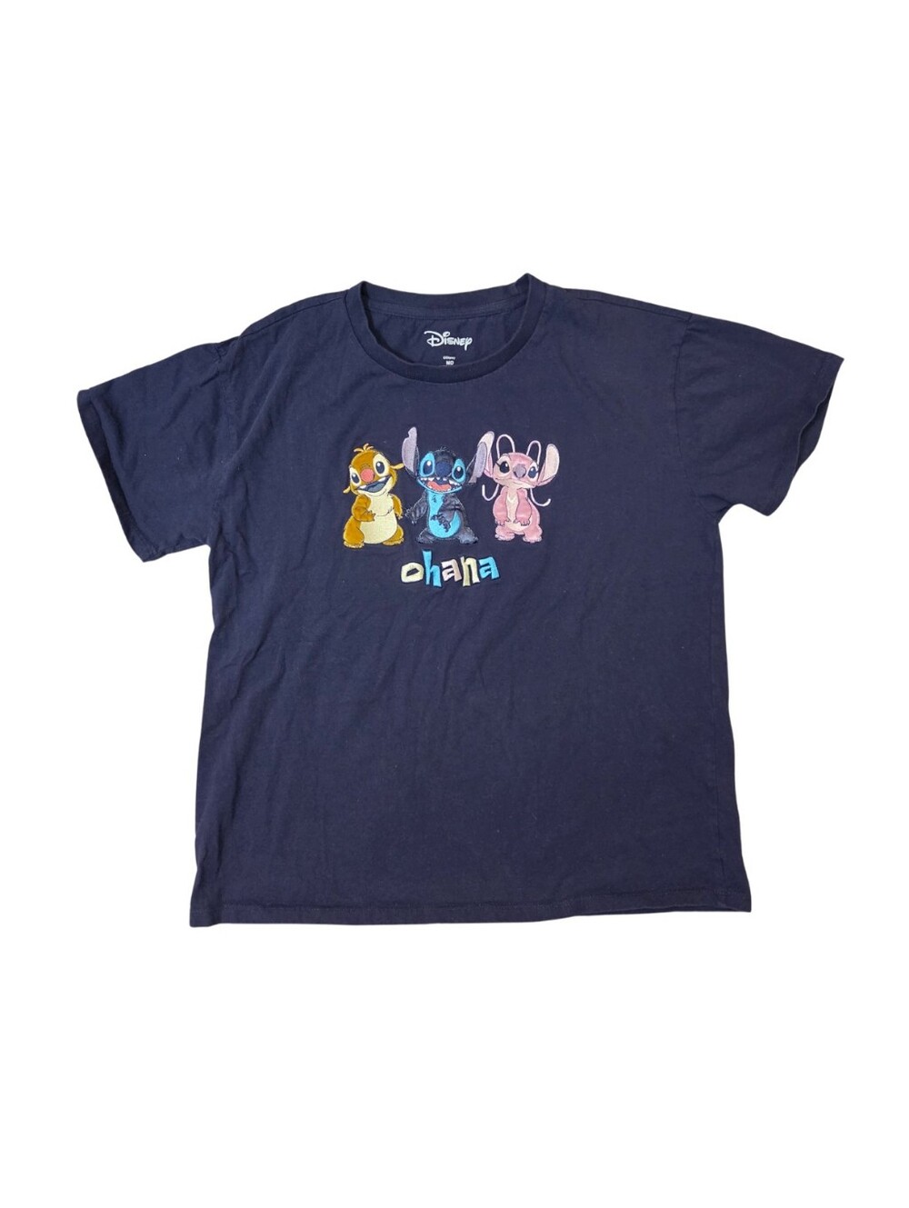Disney BoxLunch Lilo Stitch Reuben Angel Ohana T-Shirt Womens M Blue Embroidered